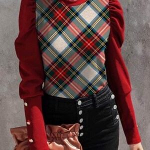 Plaid top with red sleeves and emblissmemt  on sleeve